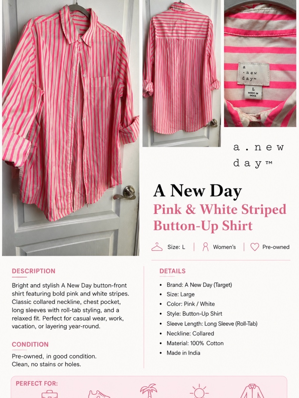 A New Day Pink & White Striped Button-Up Shirt Women’s Size Large